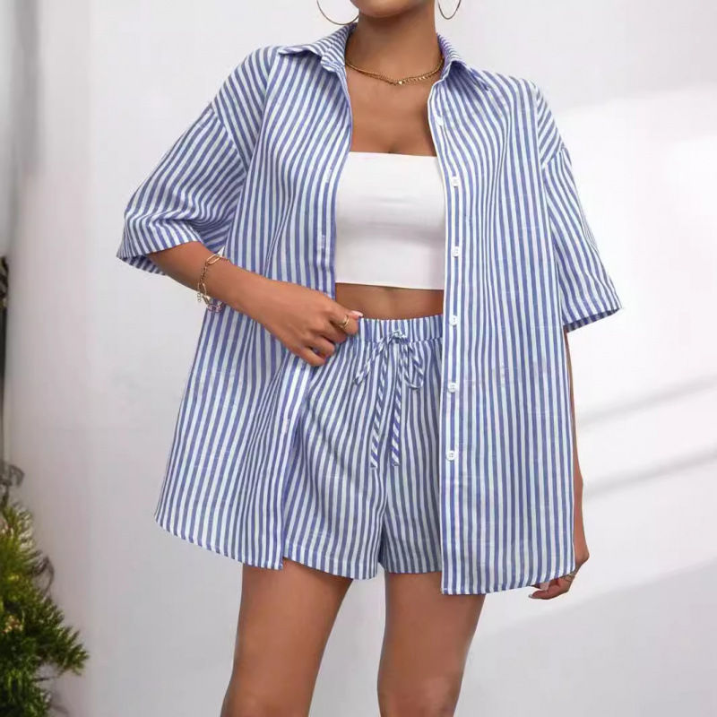Thumbnail: Chin.Sweety Loose Lapel Top & Pleated Shorts Set – Women's 2-Piece Outfit