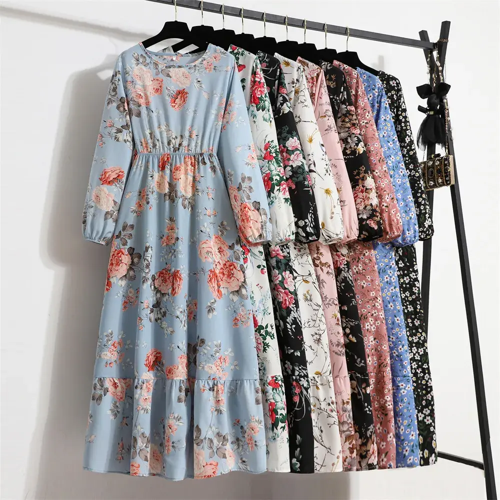 Floral Print Maxi Dress O‑Neck Long Sleeve High Waist
