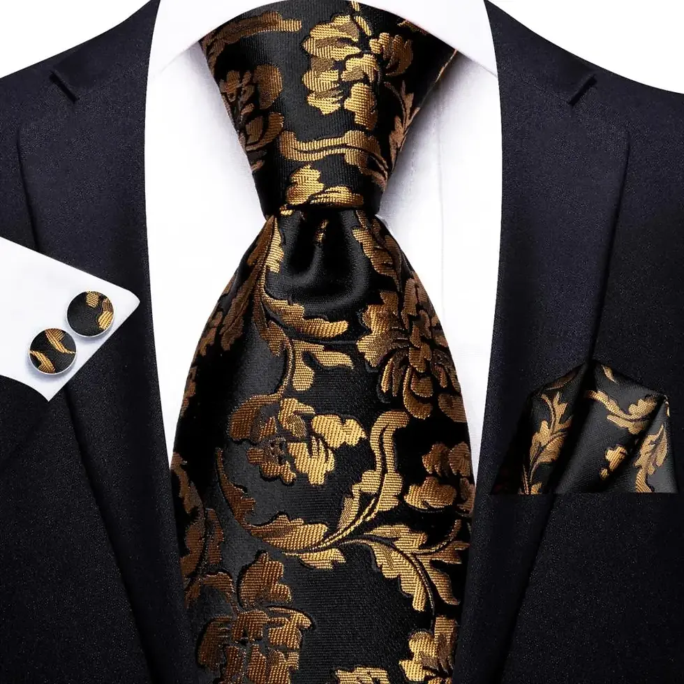 Thumbnail: Mens Black Gold Paisley Silk Tie Set with Pocket Square and Cufflinks Gift