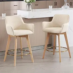 Thumbnail: Modern 26 Inch Swivel Bar Stools Set of 2 with Linen Upholstery and Solid Wood
