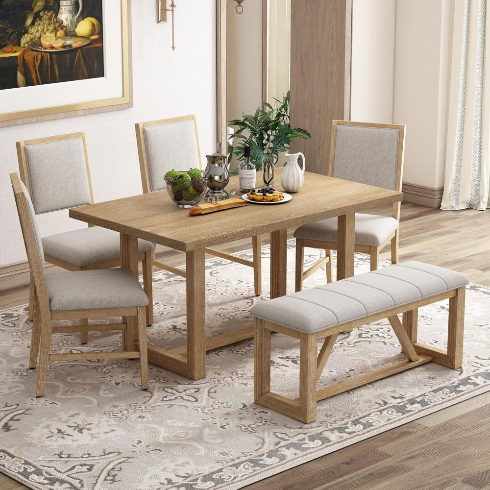 6-Piece Retro Dining Set – Wooden Table with 4 Upholstered Chairs & Bench