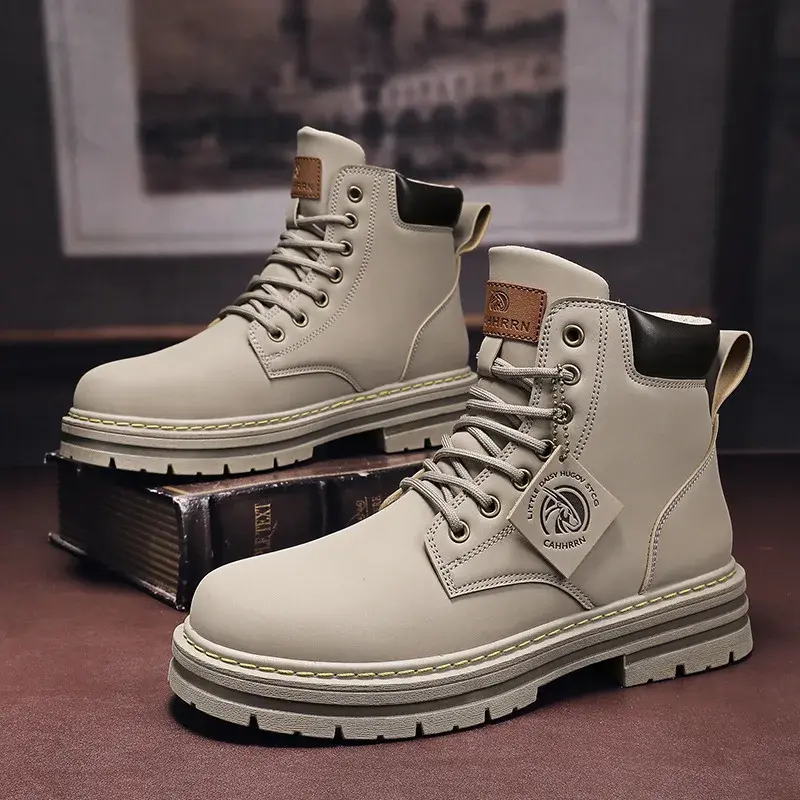 Thumbnail: Mens High Top Leather Motorcycle Boots Winter Fashion Ankle Shoes