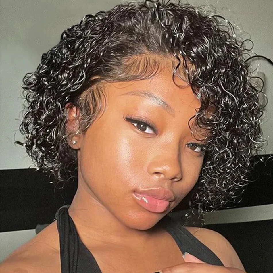 Curly Pixie Cut Water Wave Wig 13x1 Lace Front – Brazilian Human Hair