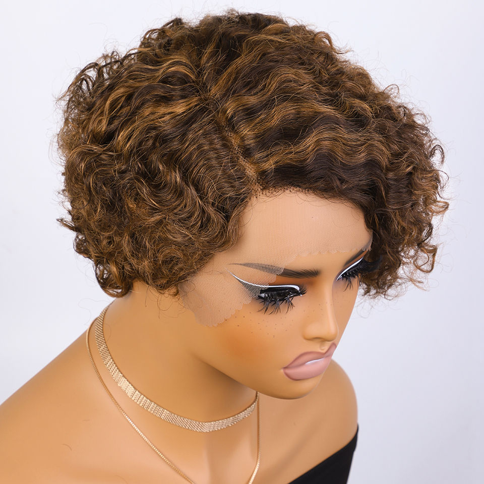 Thumbnail: Pixie Cut Short Bob Wig Human Hair 13x6x1 Lace Curly Afro Kinky Wave