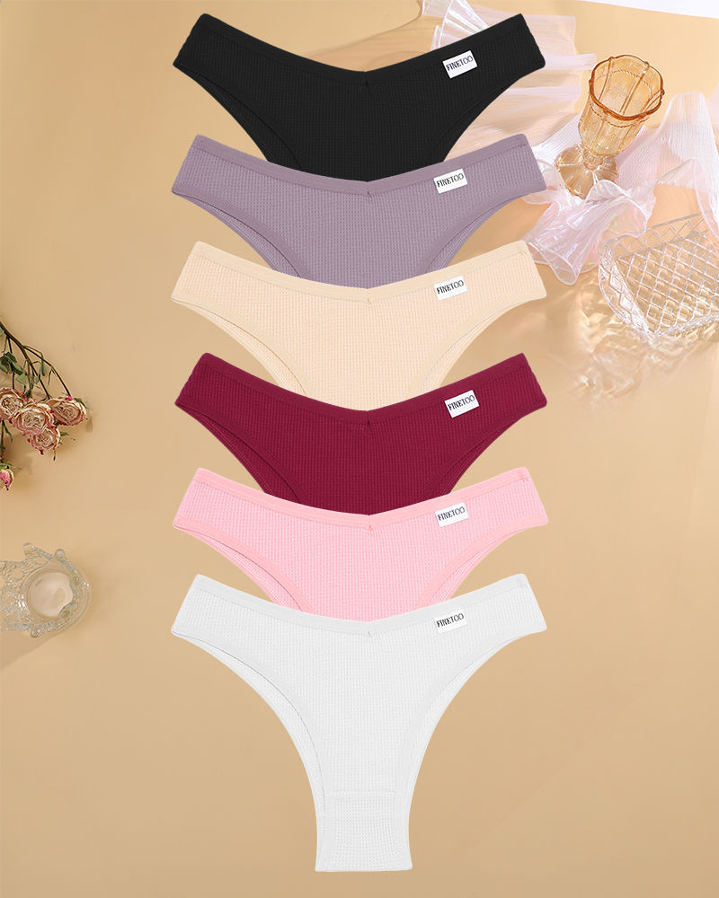 Thumbnail: 6pcs Waffle Cotton V Waist Panties Set for Women High Elastic Soft Underwear