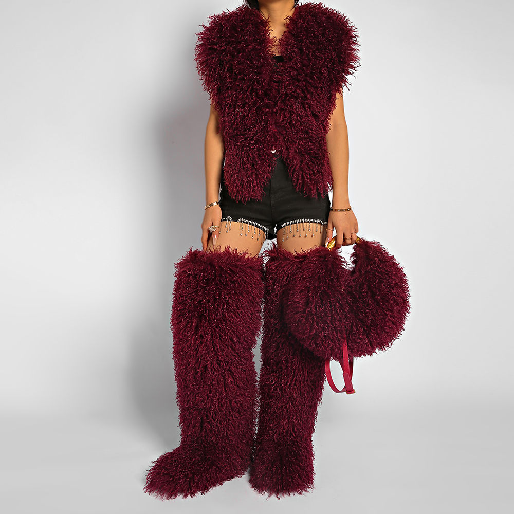Women’s Burgundy Faux Mongolian Thigh-High Faux Fur Boots – Y2K Fluffy Boots