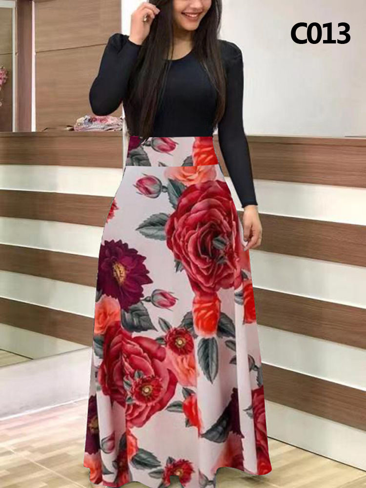 Elegant Floral Patchwork Long Sleeve Maxi Dress