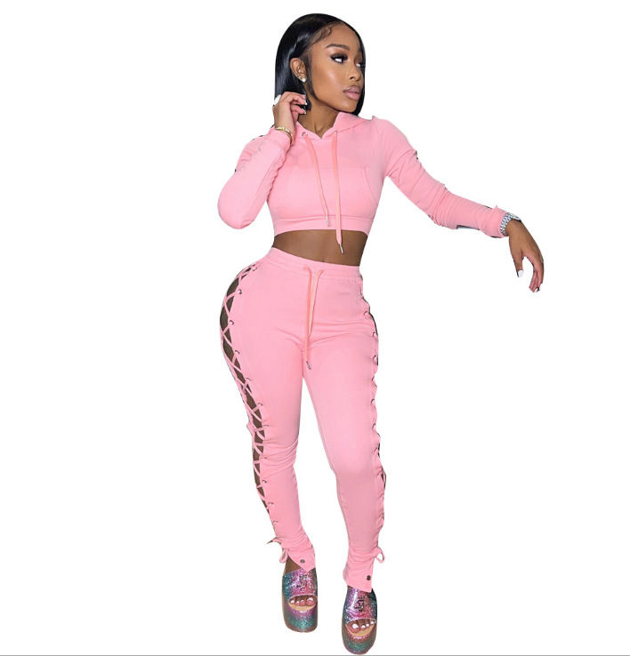 Thumbnail: Women’s Fall Hollow-Out Lace-Up Two-Piece Sweat Suit Hoodie & Joggers Set
