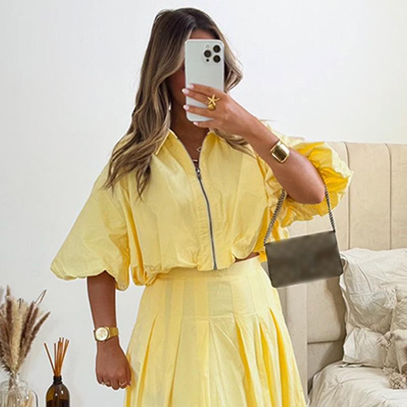 Thumbnail: Women’s Casual Two Piece Set with Puff Midi Skirt and Zipper Short Jacket