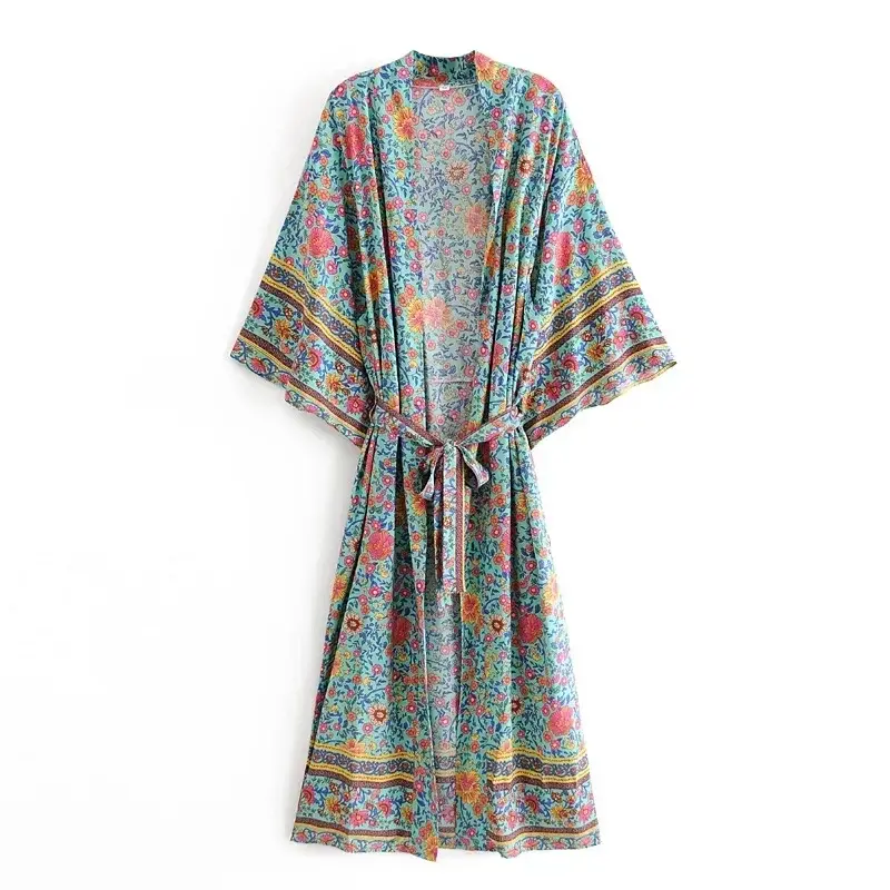 Thumbnail: Boho Green Floral Kimono Maxi Dress with V-Neck and Batwing Sleeves for Women