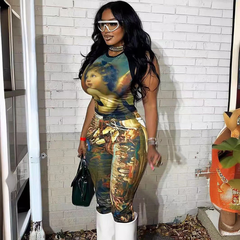 Thumbnail: Oil Painting Print Crop Top & Calf-Length Pants Set – Backless Summer Outfit
