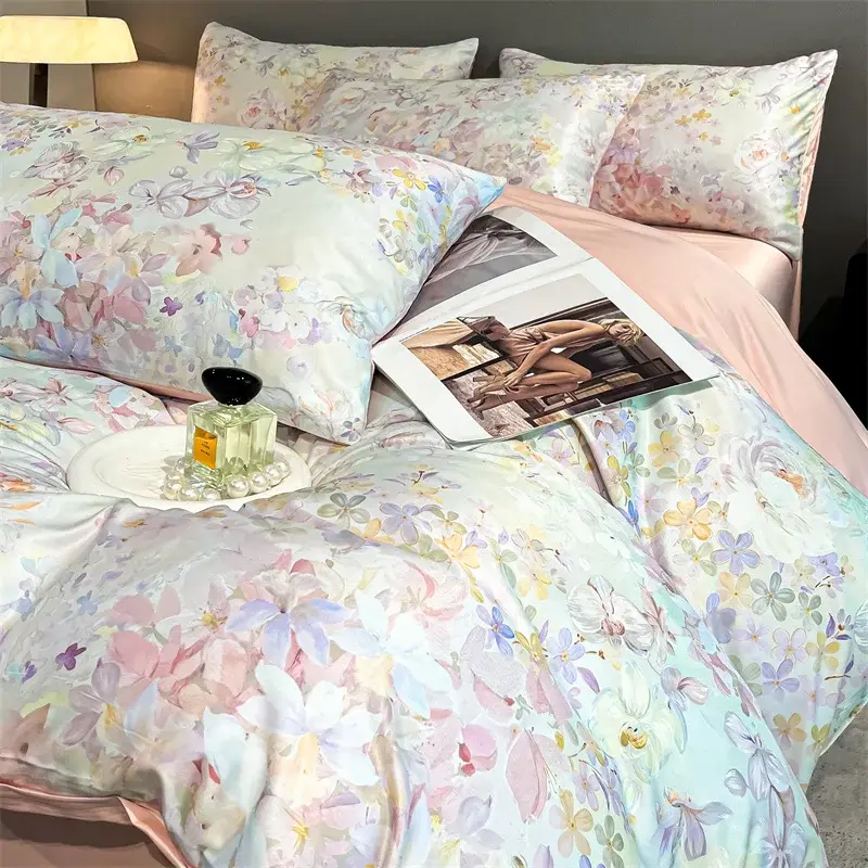 Thumbnail: Floral Satin Silk Duvet Cover Set 3pcs Queen/King Size Summer Bedding