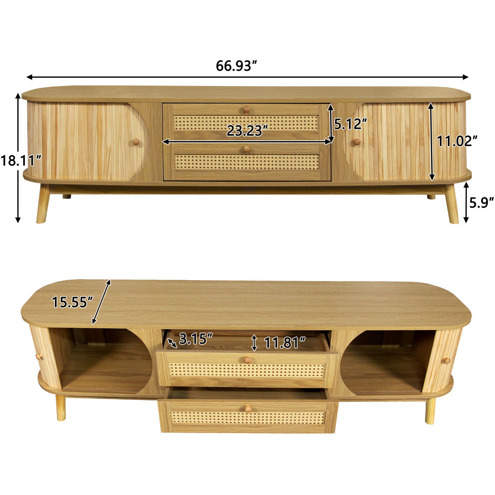 Rattan TV Stand for 75" – Solid Wood Legs & Cable Management