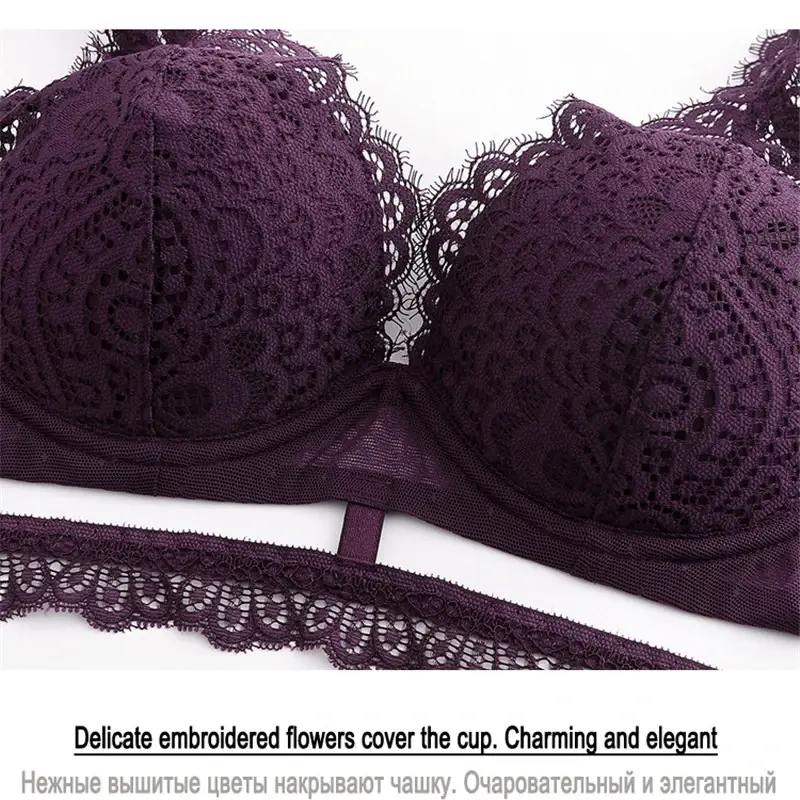 Thumbnail: Black Lace Embroidered Deep V Gather Cotton Bra Set Sexy Women Lingerie