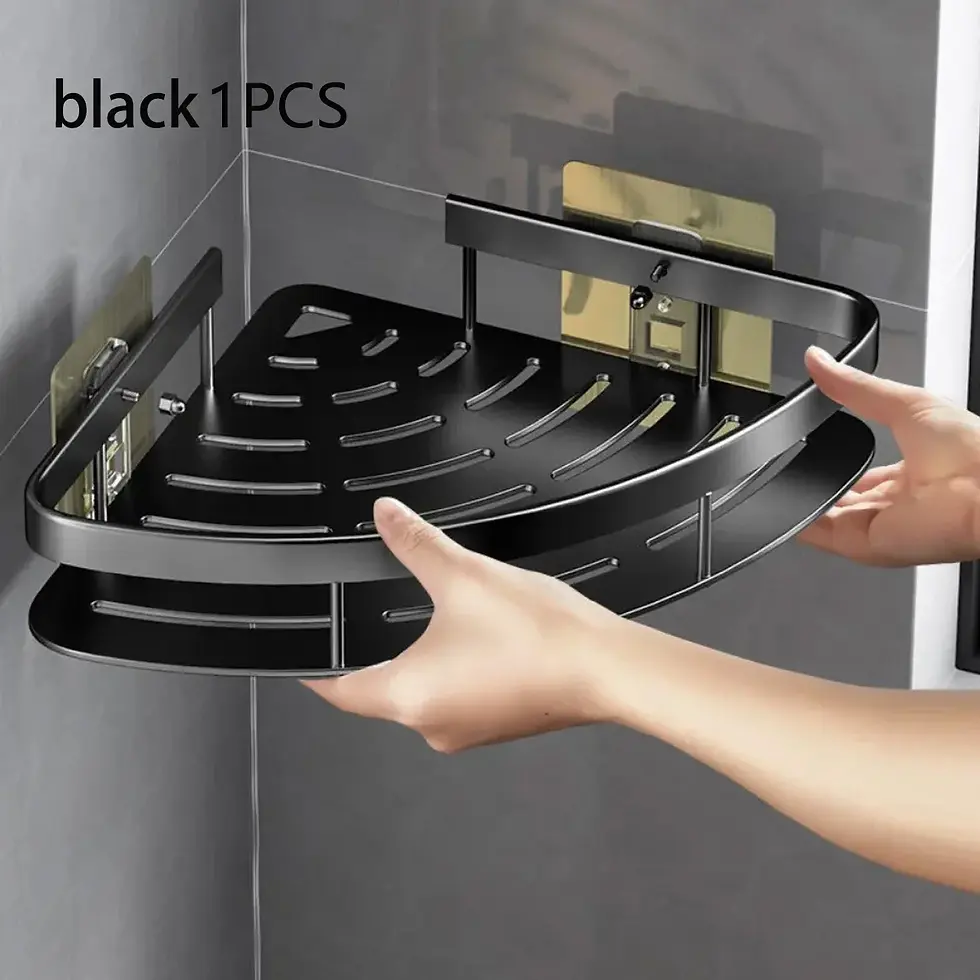 Thumbnail: Wall Mounted Aluminum Bathroom Shelf with Hooks and No Drill Installation