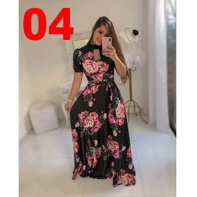 Thumbnail: Floral Print Short Sleeve Maxi Dress with Belt Casual Swing