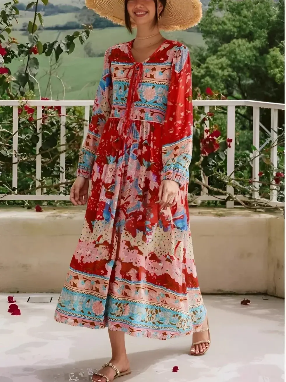 Thumbnail: Bohemian Maxi Dress with Long Sleeves Tassels and Red Floral Print Design
