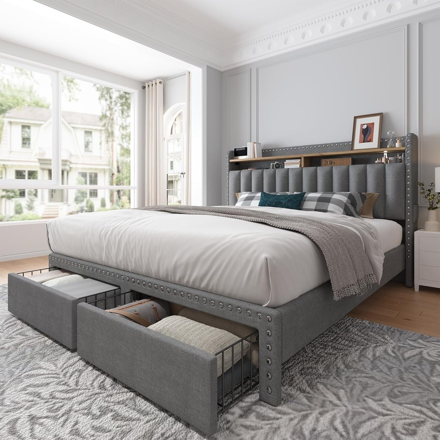 Full Size Bed Frame – Soft Padded Headboard with Storage Space