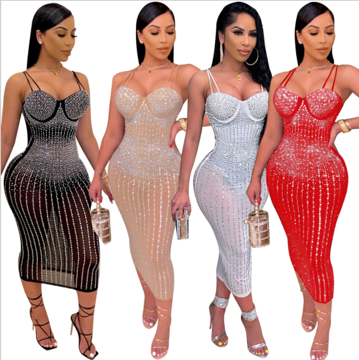 Thumbnail: Rhinestone Mesh Bodycon Party Dress for Women