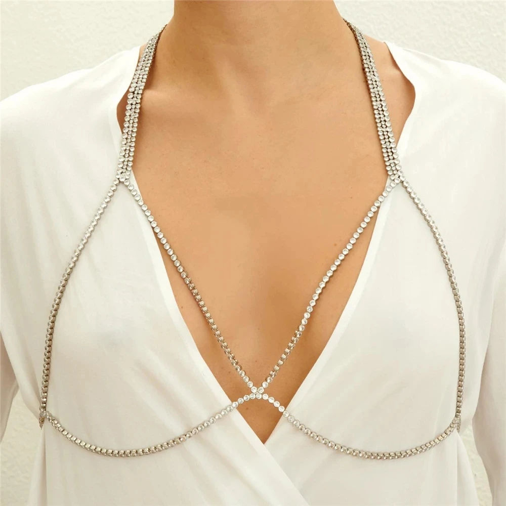Women’s Rhinestone Chest Chain Bikini Jewelry, Trendy Summer Body Chain
