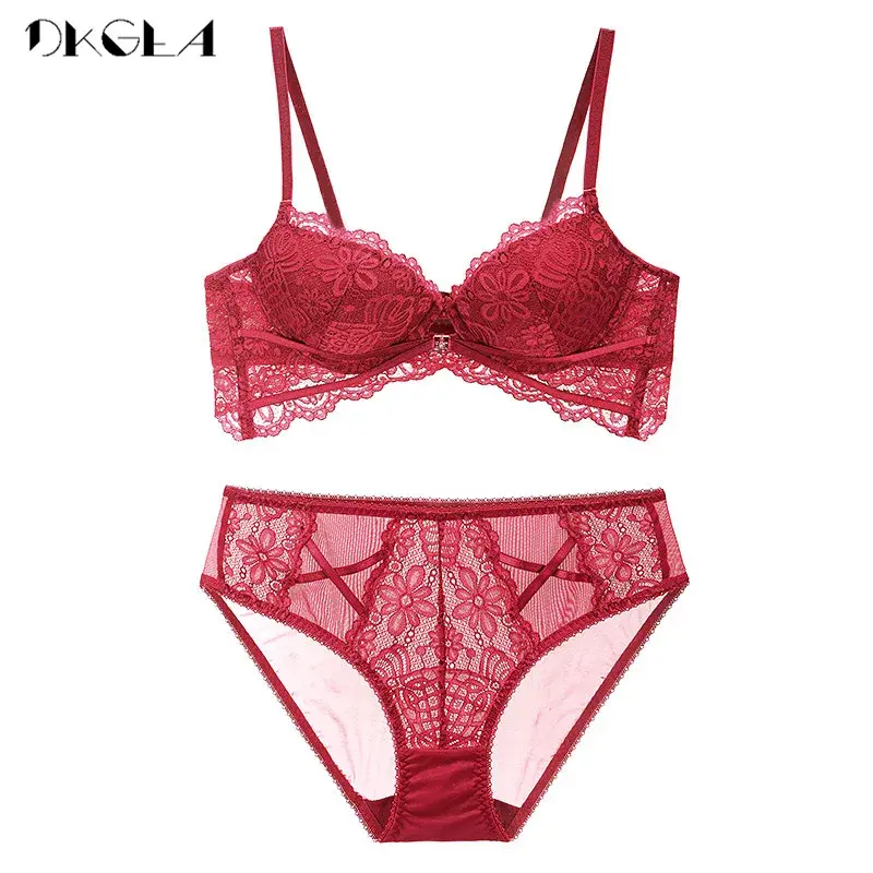 Thumbnail: Thick Cotton Embroidery Push Up Bra Set C D Cup Sexy Lingerie Women