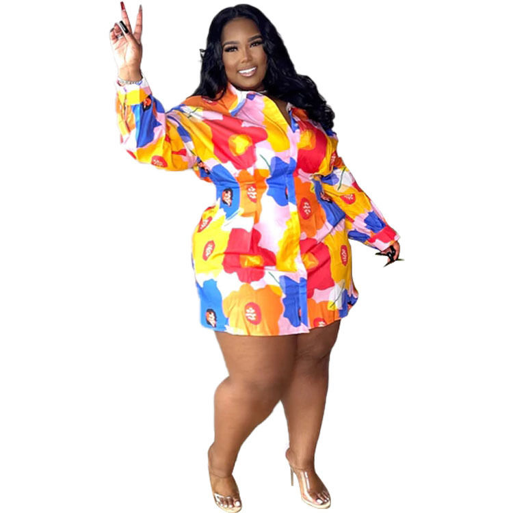 Thumbnail: Elegant Yellow Turn-Down Collar Long Sleeve Plus Size Casual Shirt Dress