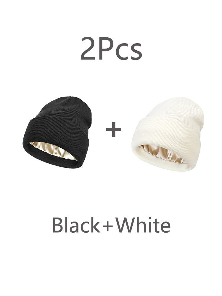 Thumbnail: Unisex Satin Lined Beanie Hat 2pcs Winter Warm Double Layer Ear Protection Cap