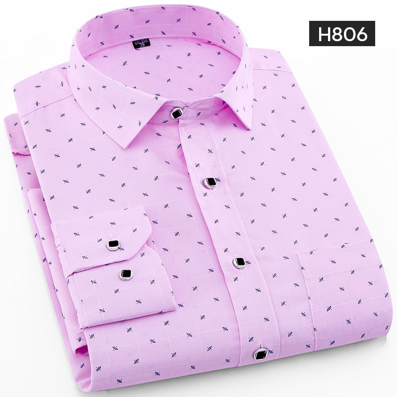 Thumbnail: Men's Long Sleeve Print Plaid Shirt Spring Summer Slim Fit Dress Shirts