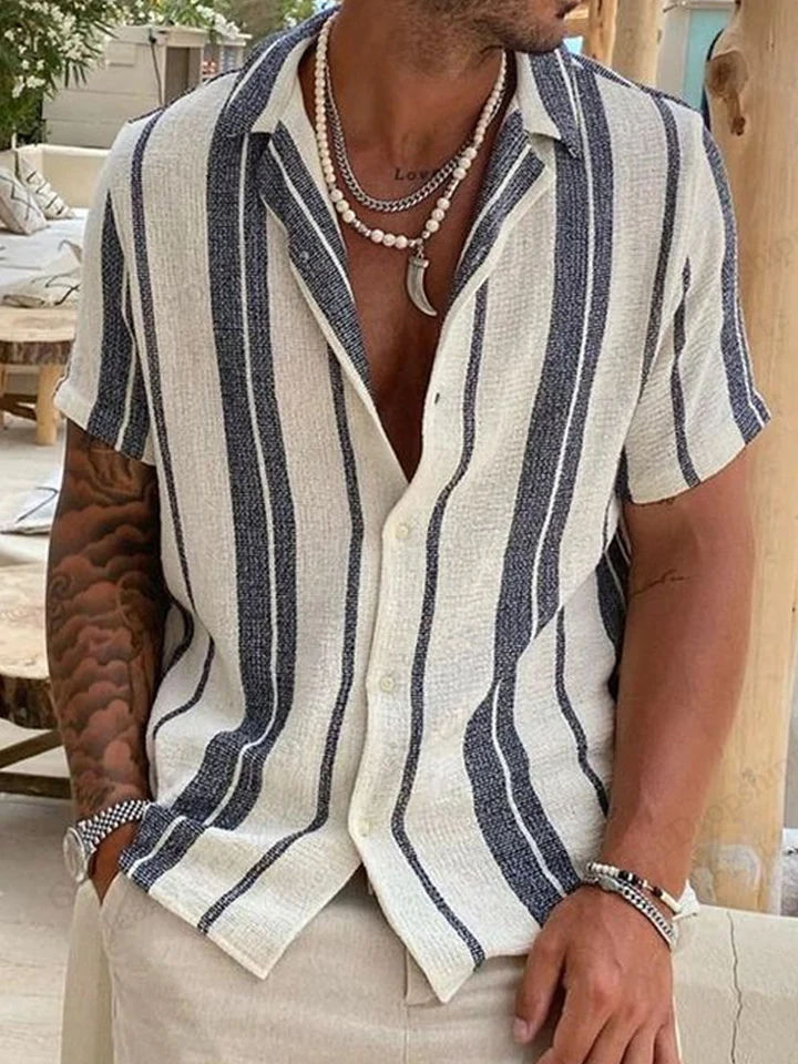 Men's Hawaiian Vacation Shirt – Striped 3D Print, Casual Short Sleeve