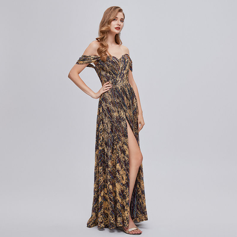 Thumbnail: Plus Size Off‑Shoulder V‑Neck High‑Slit Prom Evening Dress