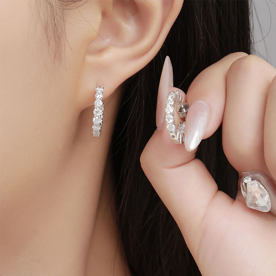 Thumbnail: Moissanite Hoop Earrings 3mm Studs in 925 Sterling Silver