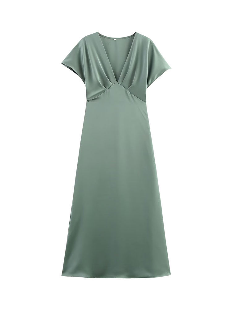 Thumbnail: Elegant Solid Satin V Neck Short Sleeve Midi Dress