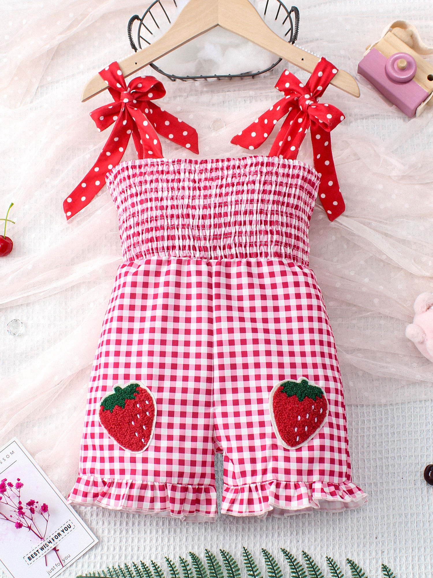 Summer Girls Plaid Sling Jumpsuit with Embroidered Strawberry Pattern