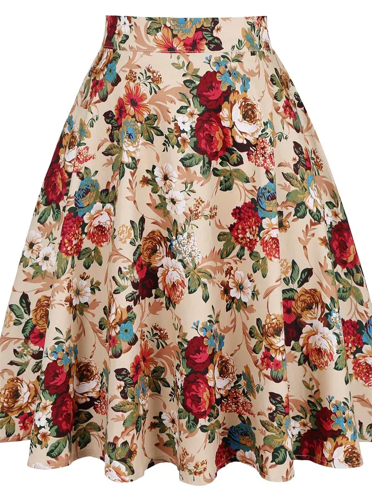 Thumbnail: Vintage Swing Midi Skirt for Women with Sunflower Print and Pleated Design