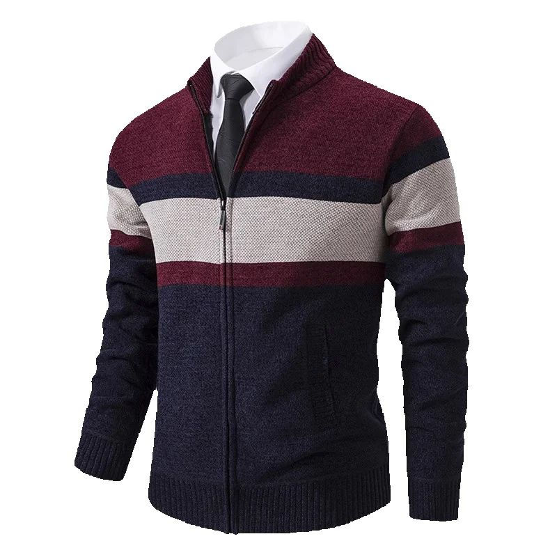 Men's Slim Fit Striped Knitted Sweater – Mandarin Collar for Autumn and Winter