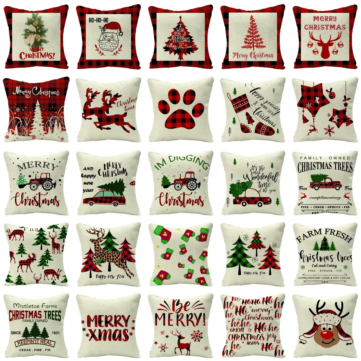 Christmas Red Plaid Linen Cartoon Reindeer Tree Print Cushion Cover Sofa