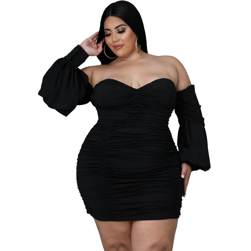 Women’s Plus Size Black Off-Shoulder Ruched Bodycon Mini Dress