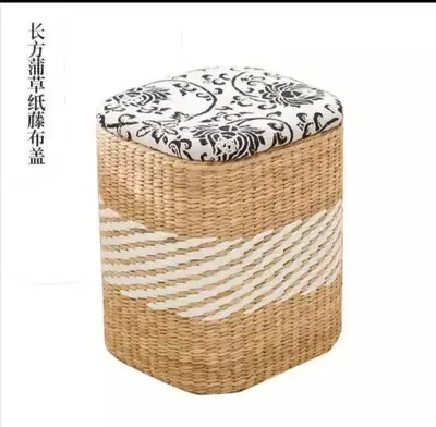 Thumbnail: Handmade Straw Ottoman with Solid Wood Frame – Storage Stool for Living Room
