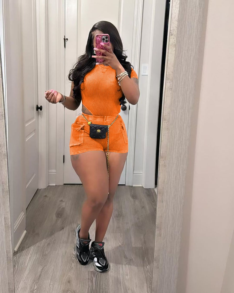 Thumbnail: Two-Piece Ribbed Outfit with Short Sleeve Bodysuit and Pocket Shorts