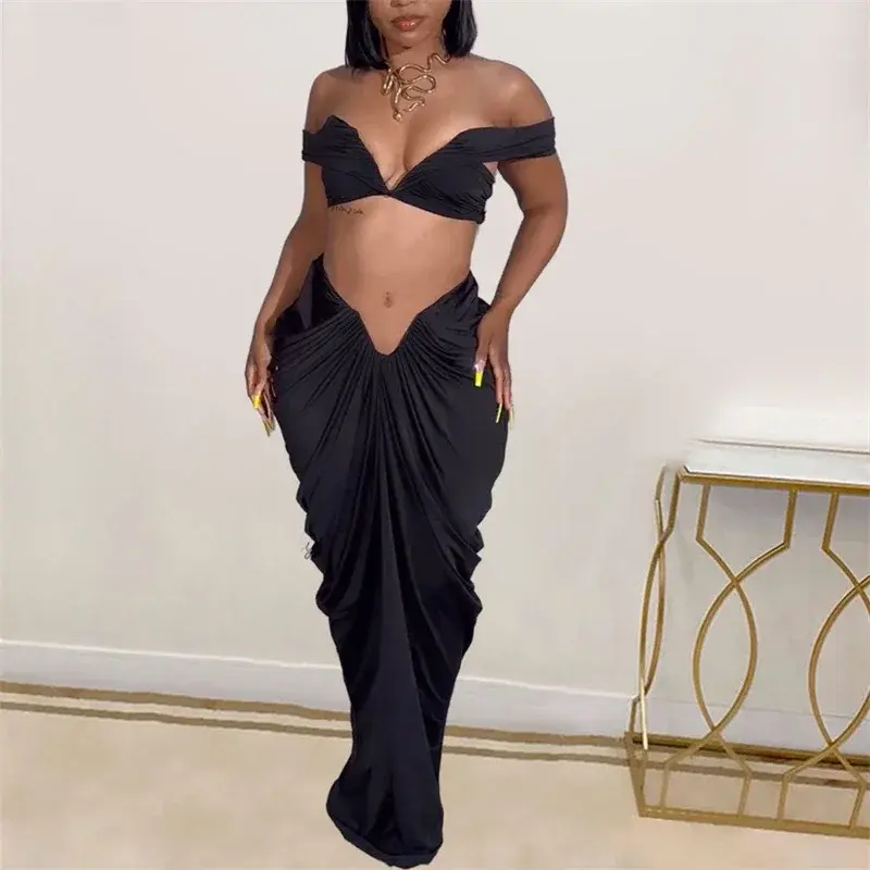 Thumbnail: Women V-Neck Ruched Two-Piece Maxi Dress Set