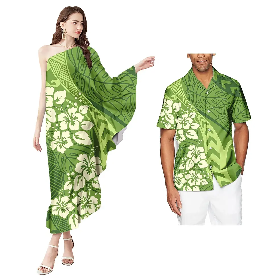 Couple Matching Tribal Dress and Shirt Set with Monstera Leaf Print