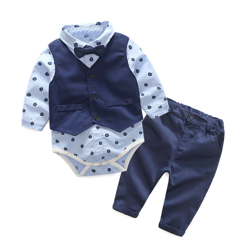 Thumbnail: Romper Clothes Set for Baby Boys with Bow & Hat – Striped Gentleman Summer Suit
