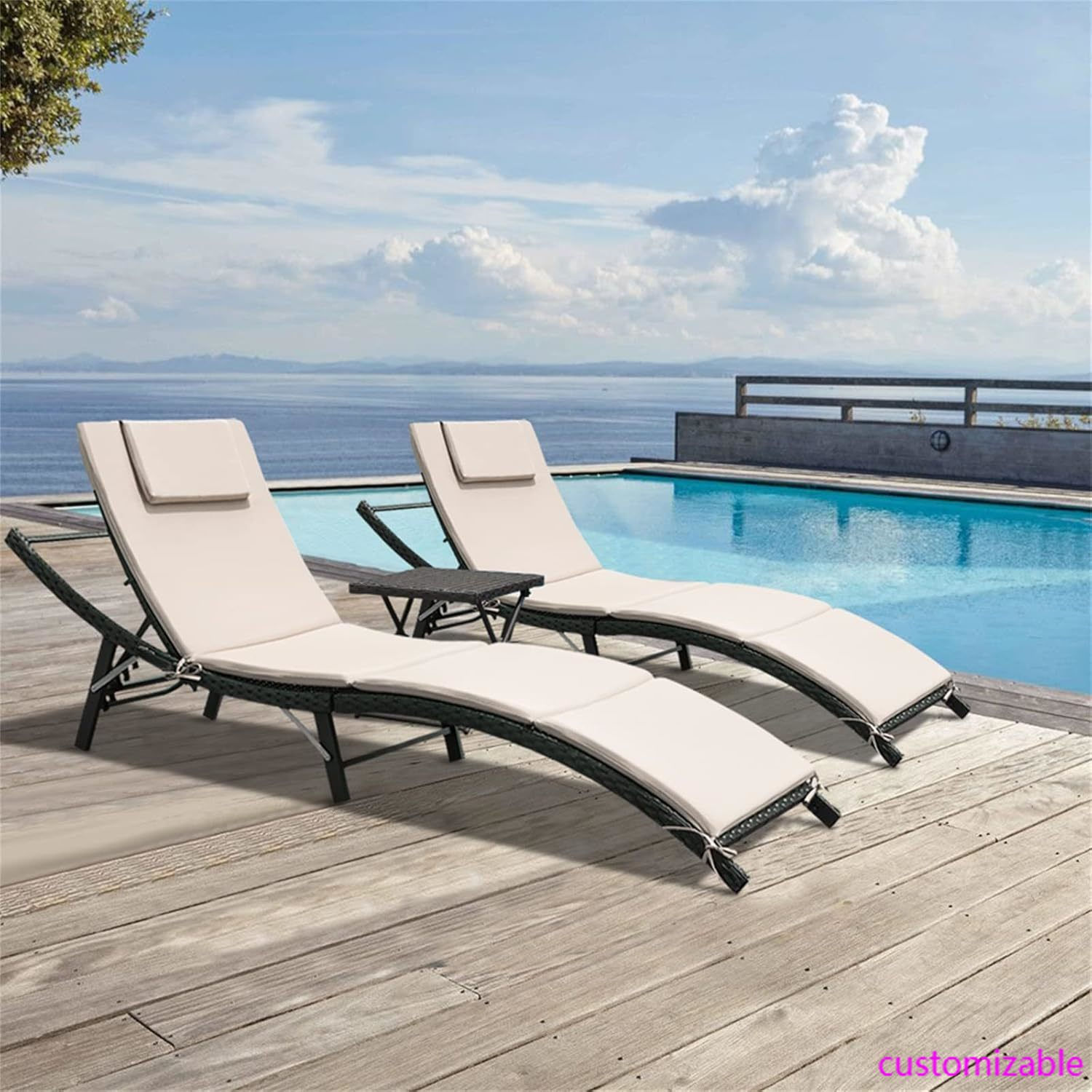 3-Piece Outdoor Adjustable Chaise Lounge Set with Table