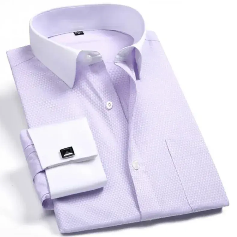 Thumbnail: Men’s French Cuff Business Dress Shirt – Contrast Collar, Single Patch Pocket