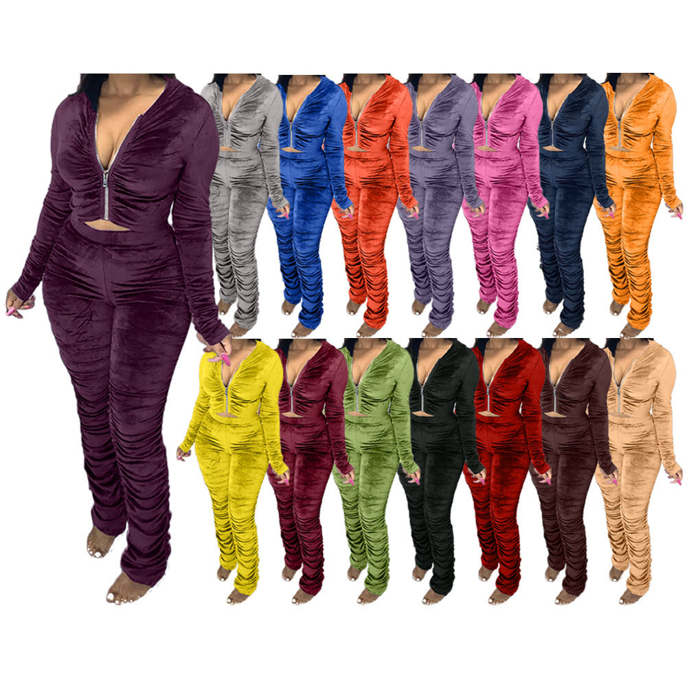 Plus Size Velour Velvet Hoodie Tracksuit Set Women Stacked Pants Set