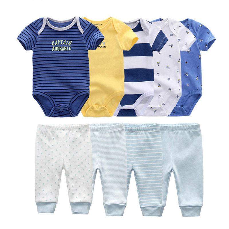 Thumbnail: 9-Piece Unisex Newborn Bodysuits & Pants – Cotton Summer Set (0–1Y)