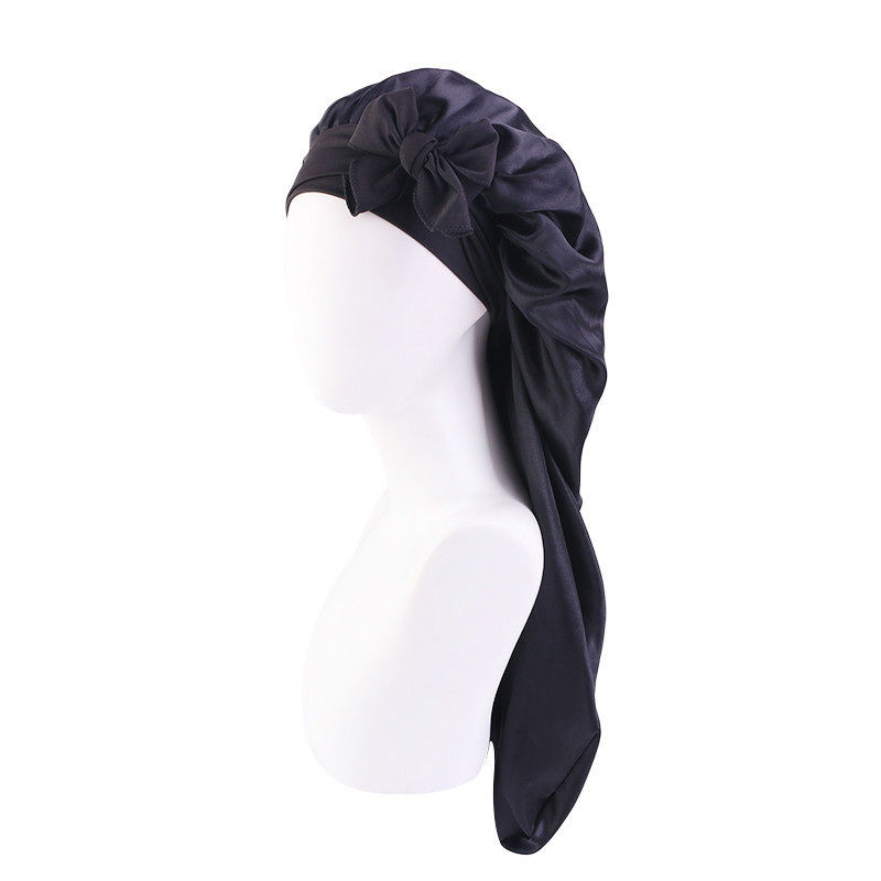 Thumbnail: Oversized Satin Sleeping Bonnet with Ribbon – Breathable Elastic Cap