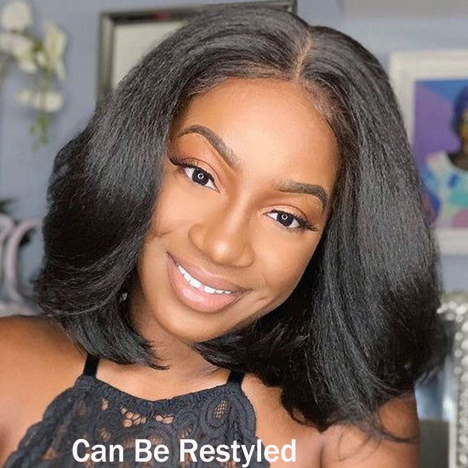 Thumbnail: Kinky Yaki Straight Bob Wig – 13x4 Glueless Lace Frontal, Peruvian Human Hair