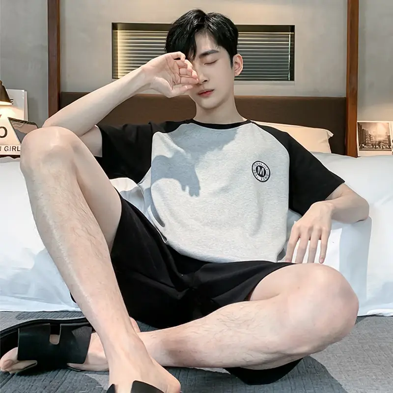 Thumbnail: Men’s Cotton O-Neck Short Sleeve Pajamas Set Summer Sleepwear