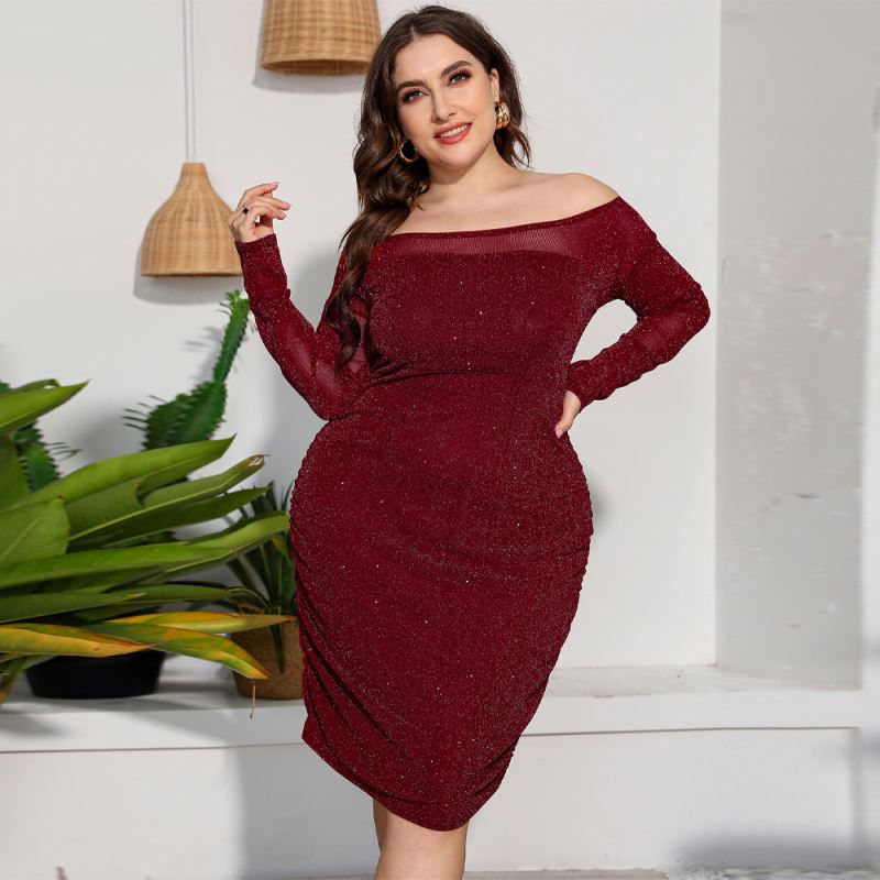 Thumbnail: High Waist Round Neck Long Sleeve Dress Plus Size Casual Autumn Spring Wear